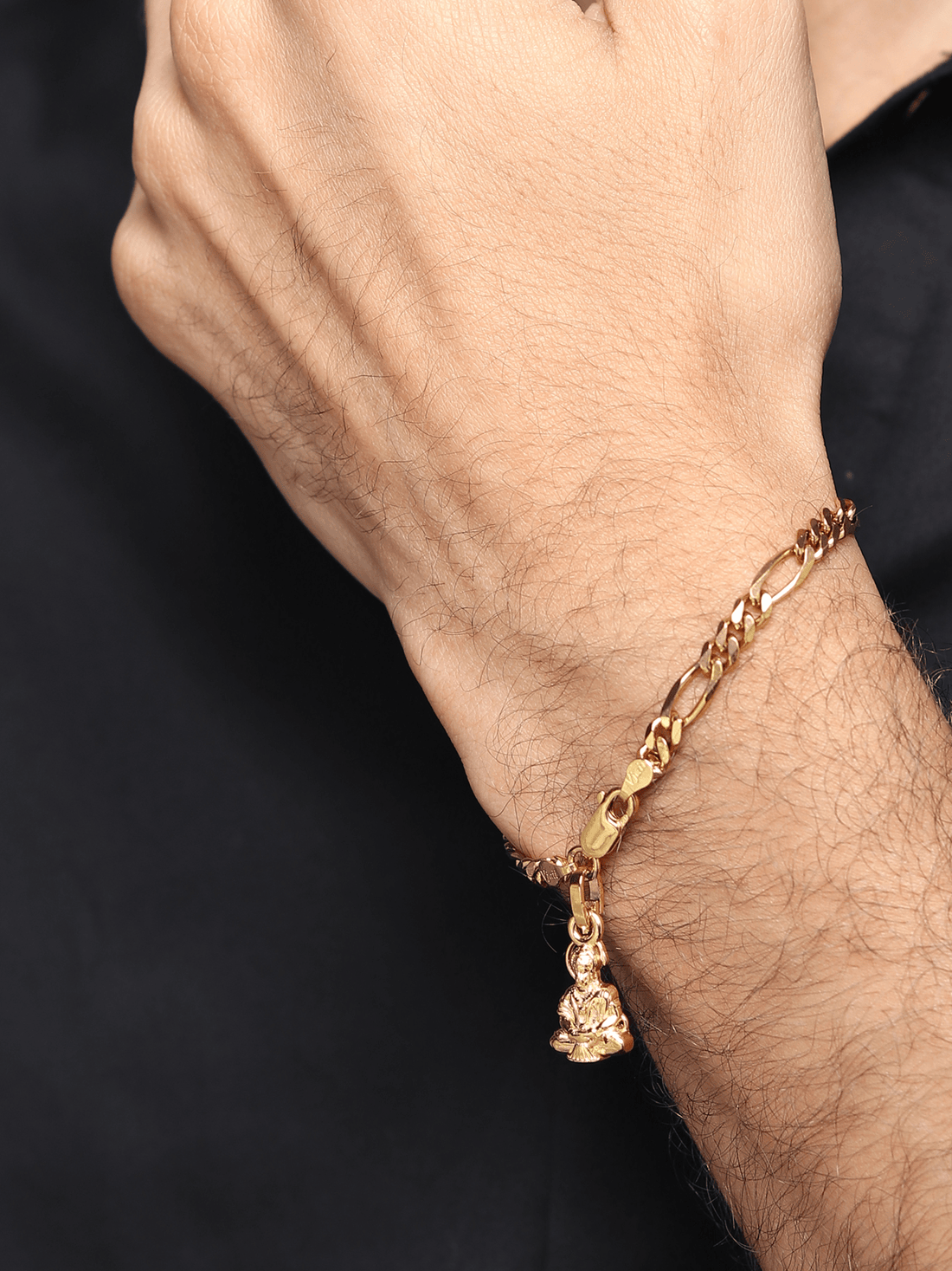 22CT Gold Plated 92.5 Pure Sterling Silver Figaro Bracelet with Hanuman Charm for Men by Akshat Sapphire Gold_BRMFKD7150