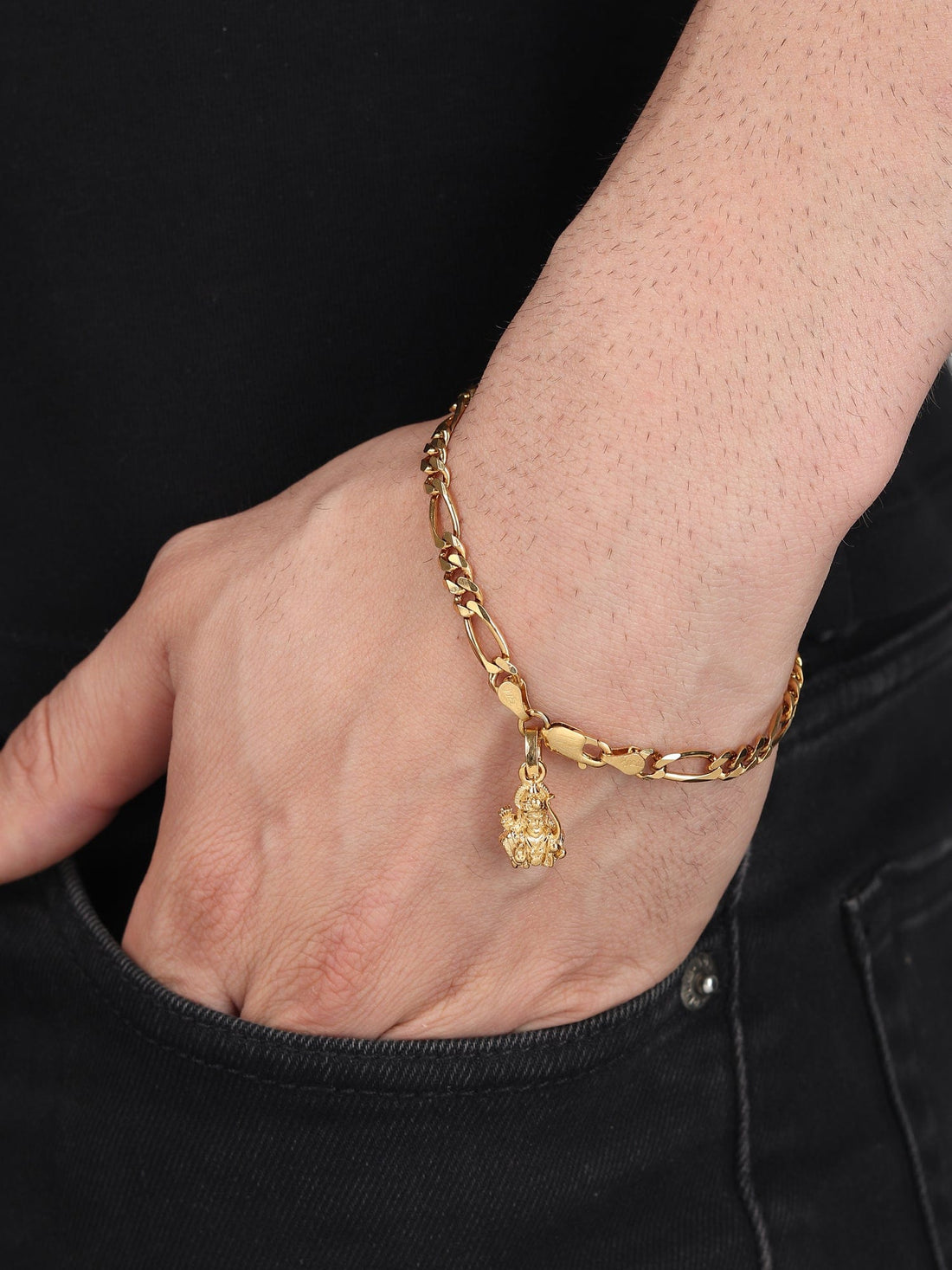 22CT Gold Plated 92.5 Pure Sterling Silver Figaro Bracelet with Ram Charm for Men by Akshat Sapphire Gold_BRMFKD7153