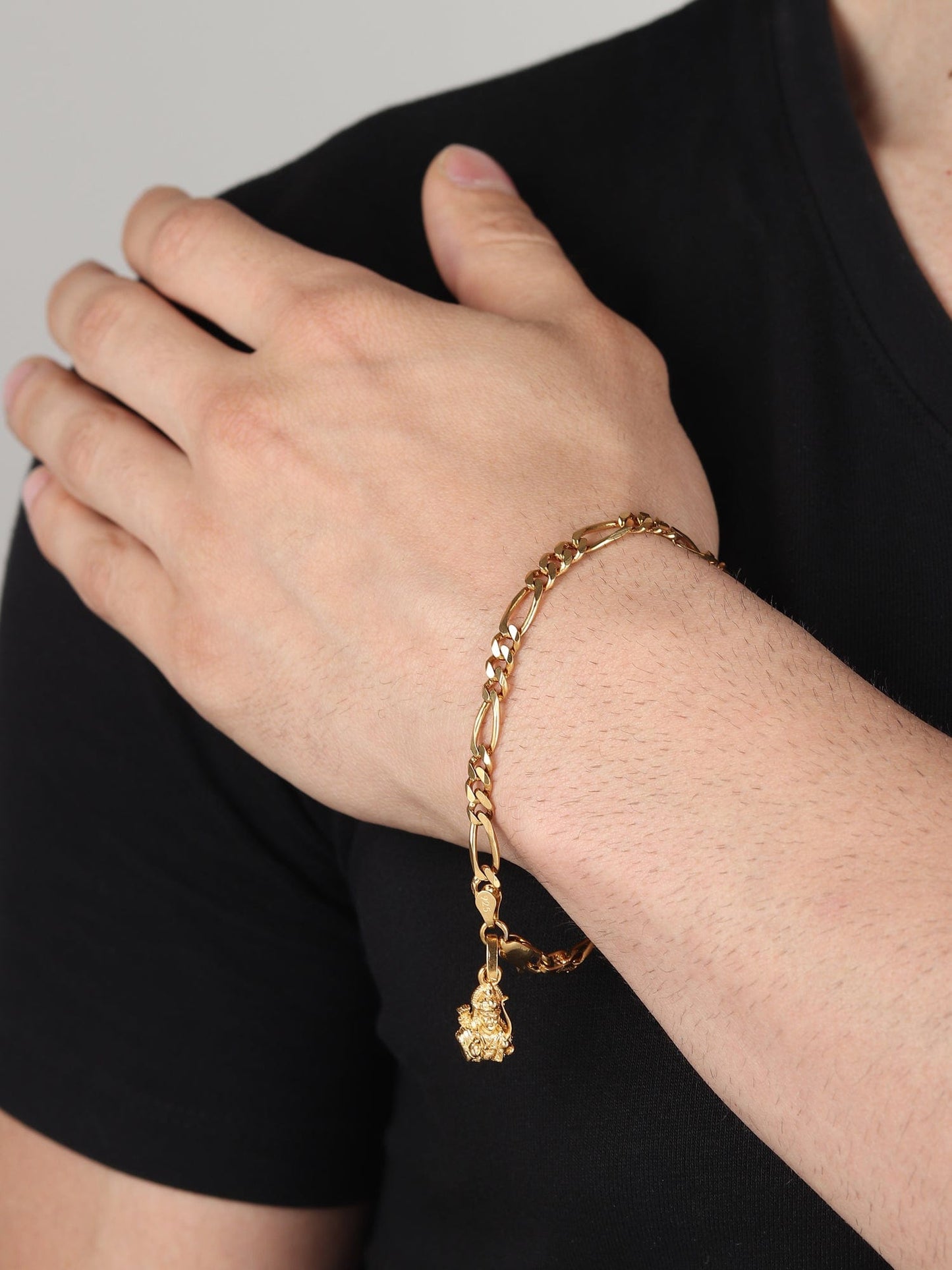 22KT gold plated 92.5% pure Sterling Silver Figaro Designer Bracelet with Charm Ram for Men & Boys