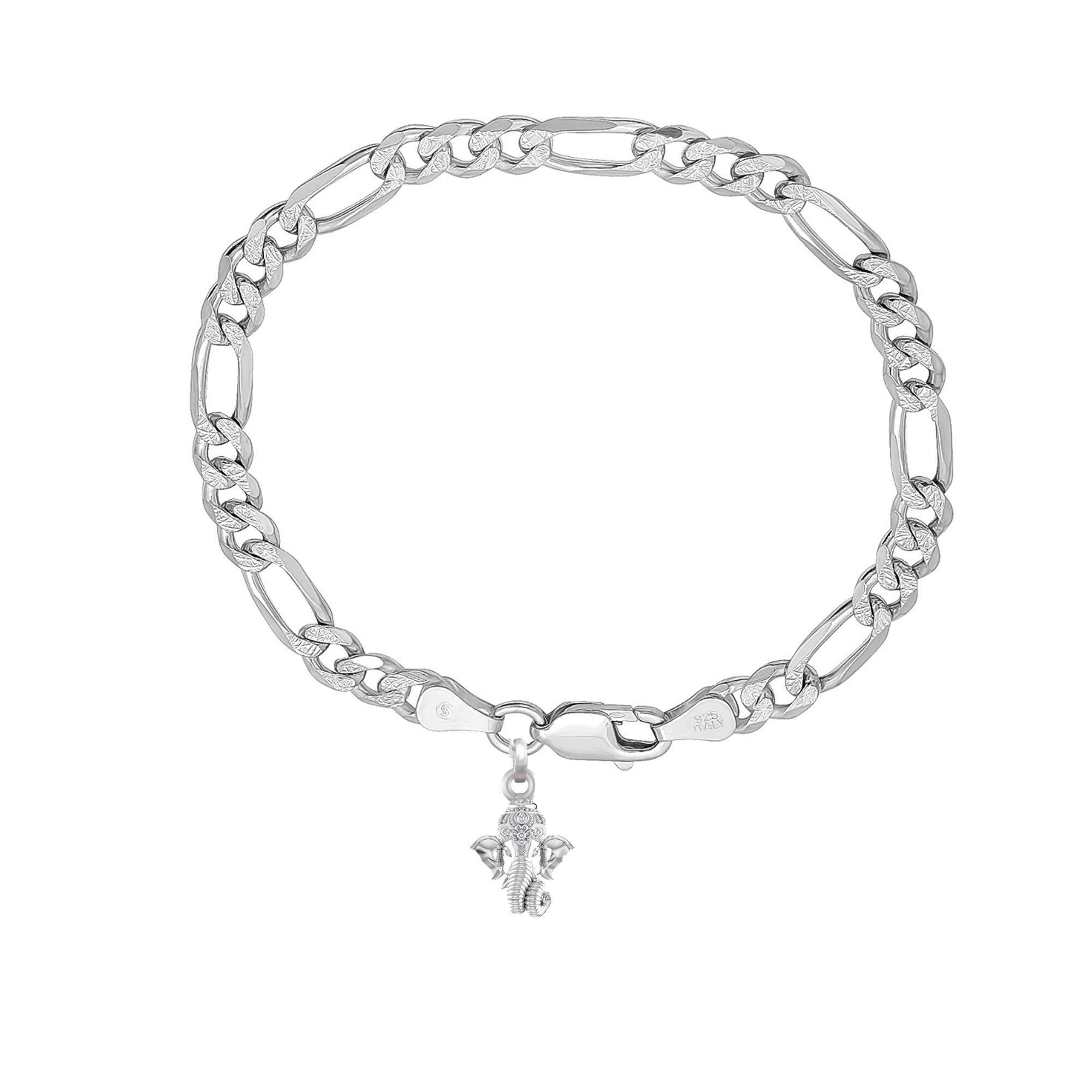 Akshat Sapphire 92.5% pure Sterling Silver Figaro Designer Bracelet with Charm Ganesh for Men & Boys