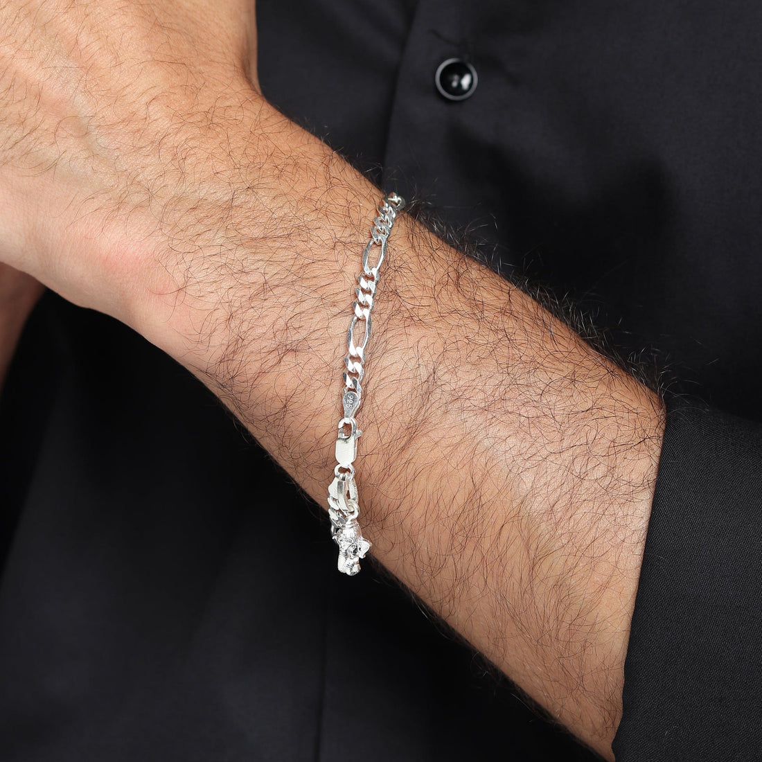 Sterling Silver figaro bracelet with ganesh charm for men by akshat sapphire 92.5 silver brmfkd7186