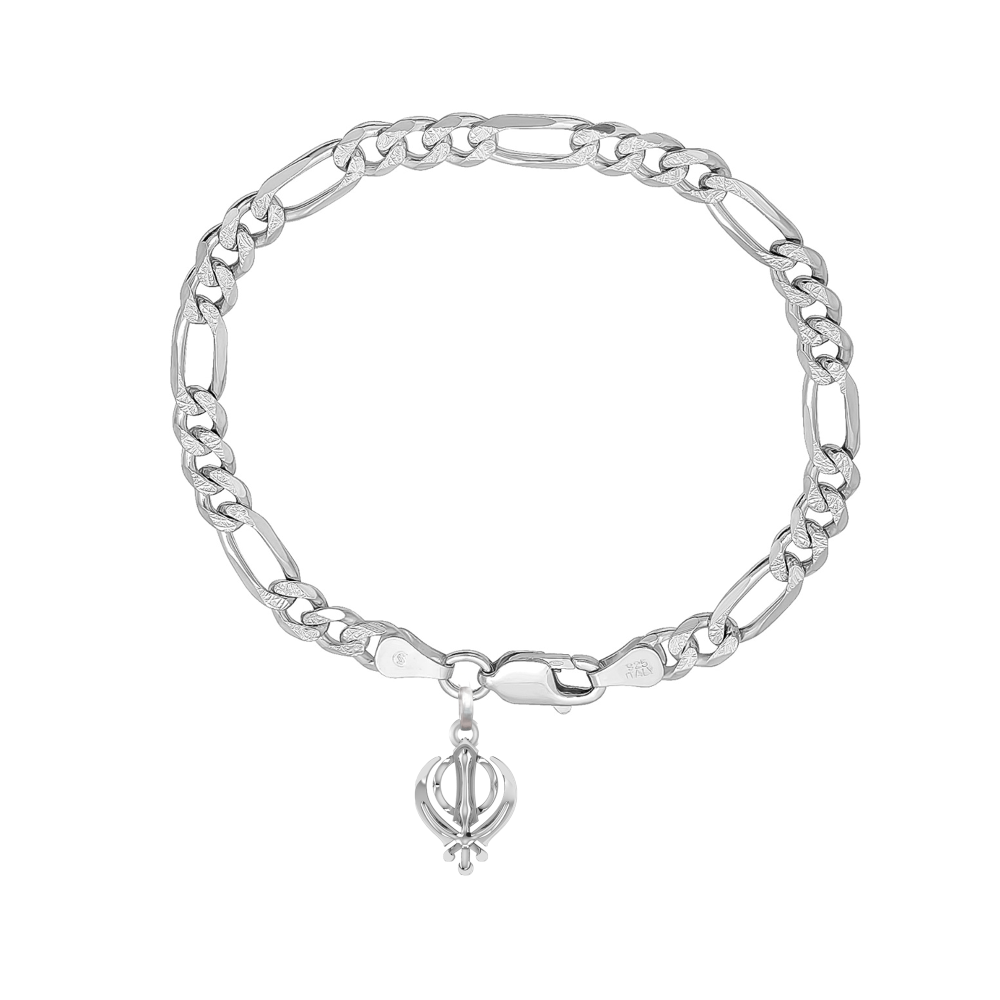 Akshat Sapphire 92.5% pure Sterling Silver Figaro Designer Bracelet with Sikh khanda Symbol for Men