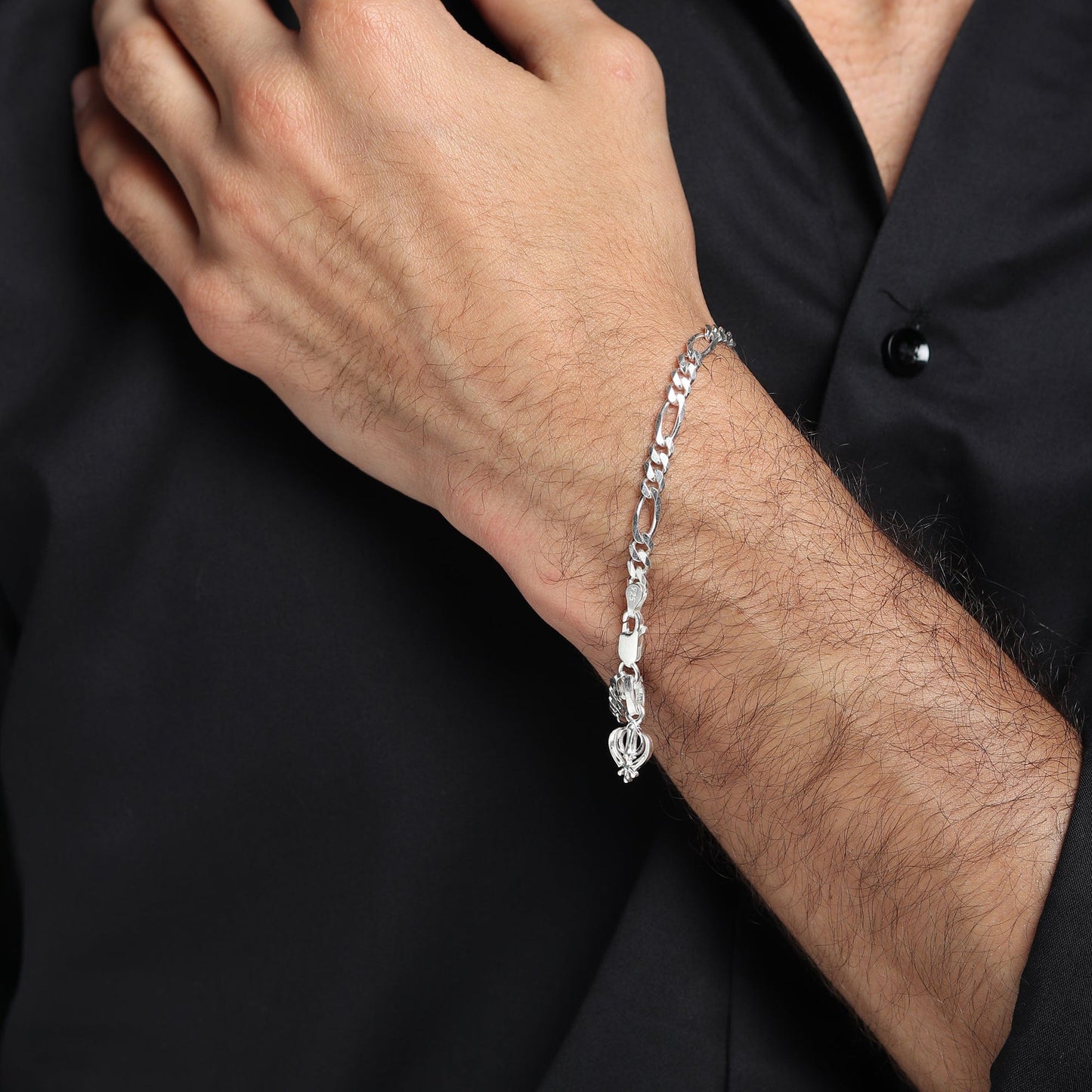 Akshat Sapphire 92.5% pure Sterling Silver Figaro Designer Bracelet with Sikh khanda Symbol for Men