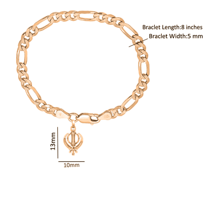 22KT gold plated 92.5% pure Sterling Silver Figaro Designer Bracelet with Sikh khanda Symbol for Men