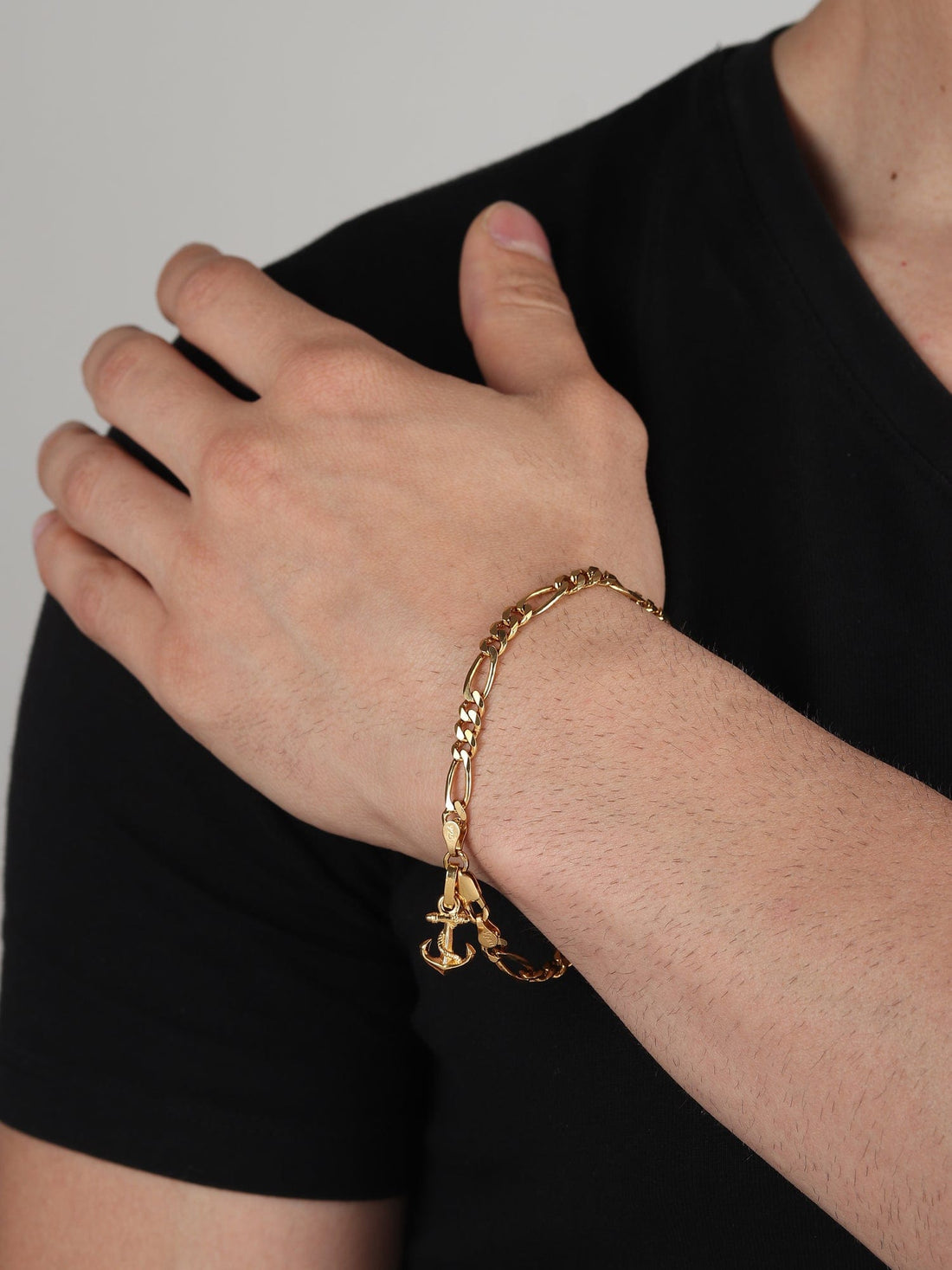 22CT Gold Plated 92.5 Pure Sterling Silver Figaro Bracelet with Fashionable Anchor Charm for Men by Akshat Sapphire Gold_BRMFKD7263