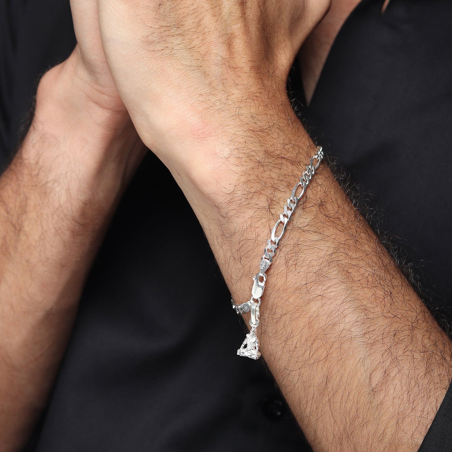 Akshat Sapphire 92.5% pure Sterling Silver Figaro Designer Bracelet with Charm Hanuman for Men
