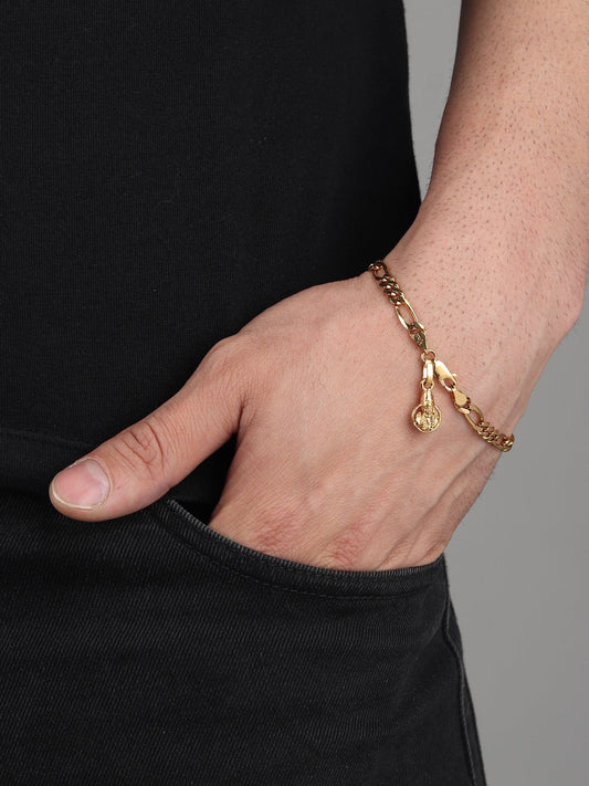 Akshat Sapphire 22KT gold plated  92.5% pure Sterling Silver Figaro Designer Bracelet with Charm Sai Baba for Men
