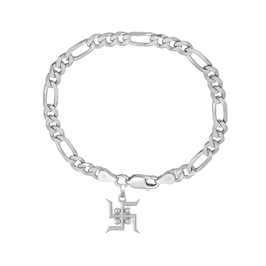 Akshat Sapphire 92.5% pure Sterling Silver Figaro Designer Bracelet with Charm Swastik for Men