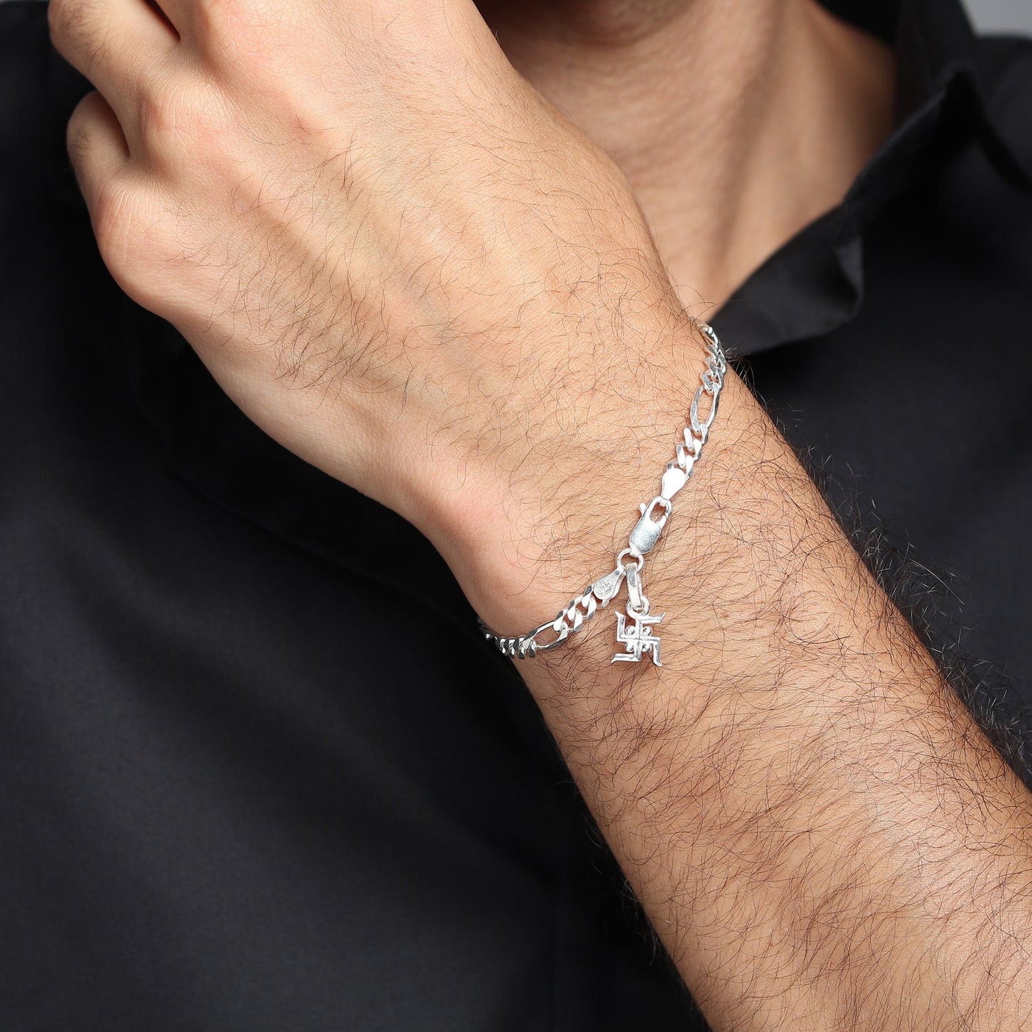 Akshat Sapphire 92.5% pure Sterling Silver Figaro Designer Bracelet with Charm Swastik for Men
