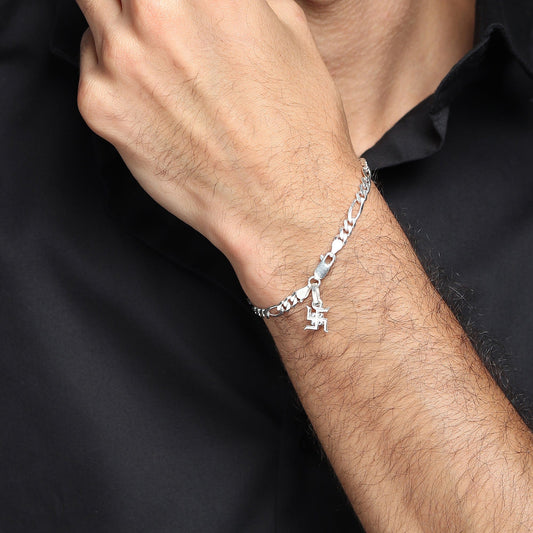 Akshat Sapphire 92.5% pure Sterling Silver Figaro Designer Bracelet with Charm Swastik for Men