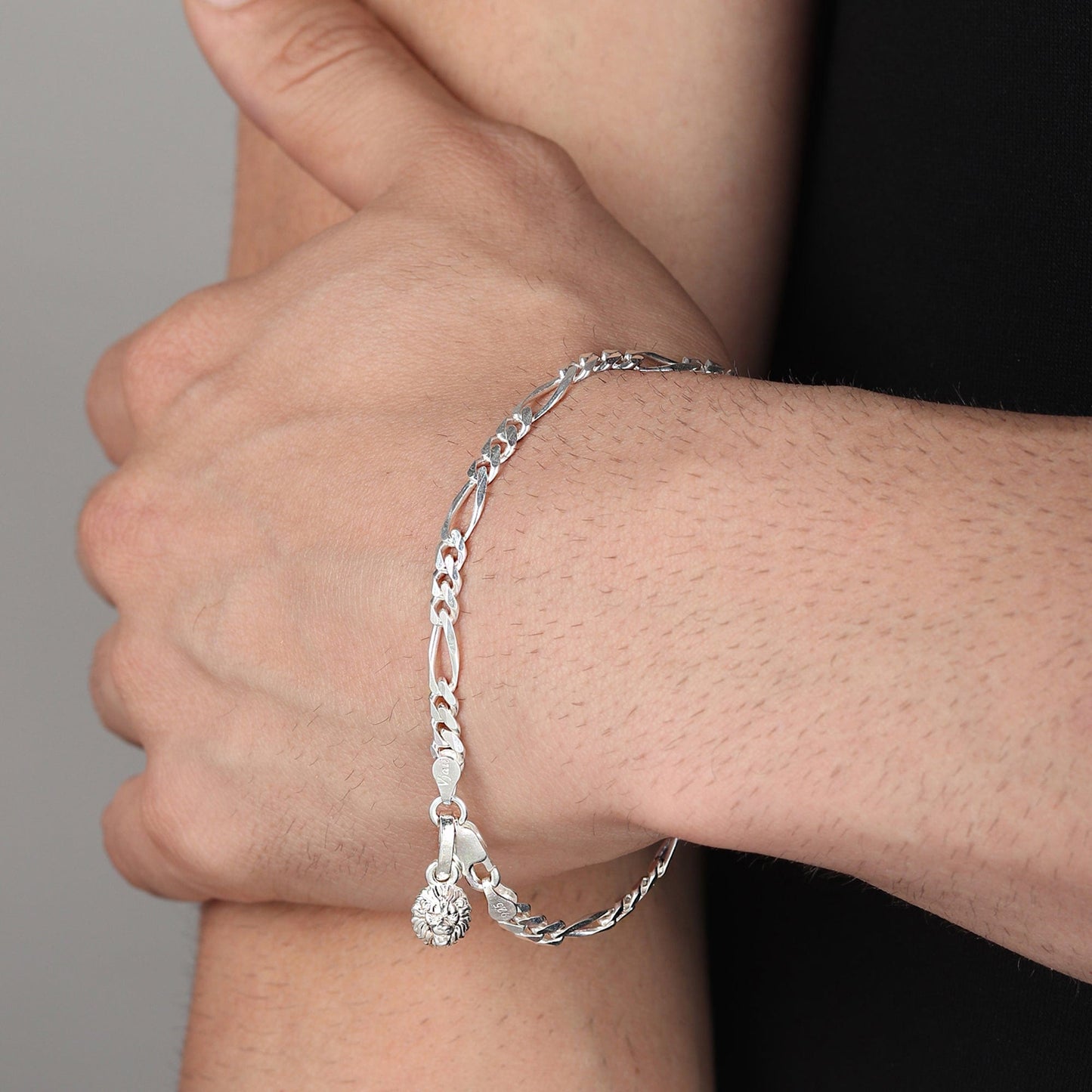 Akshat Sapphire 92.5% pure Sterling Silver Figaro Designer Bracelet with Charm Narsimha for Men