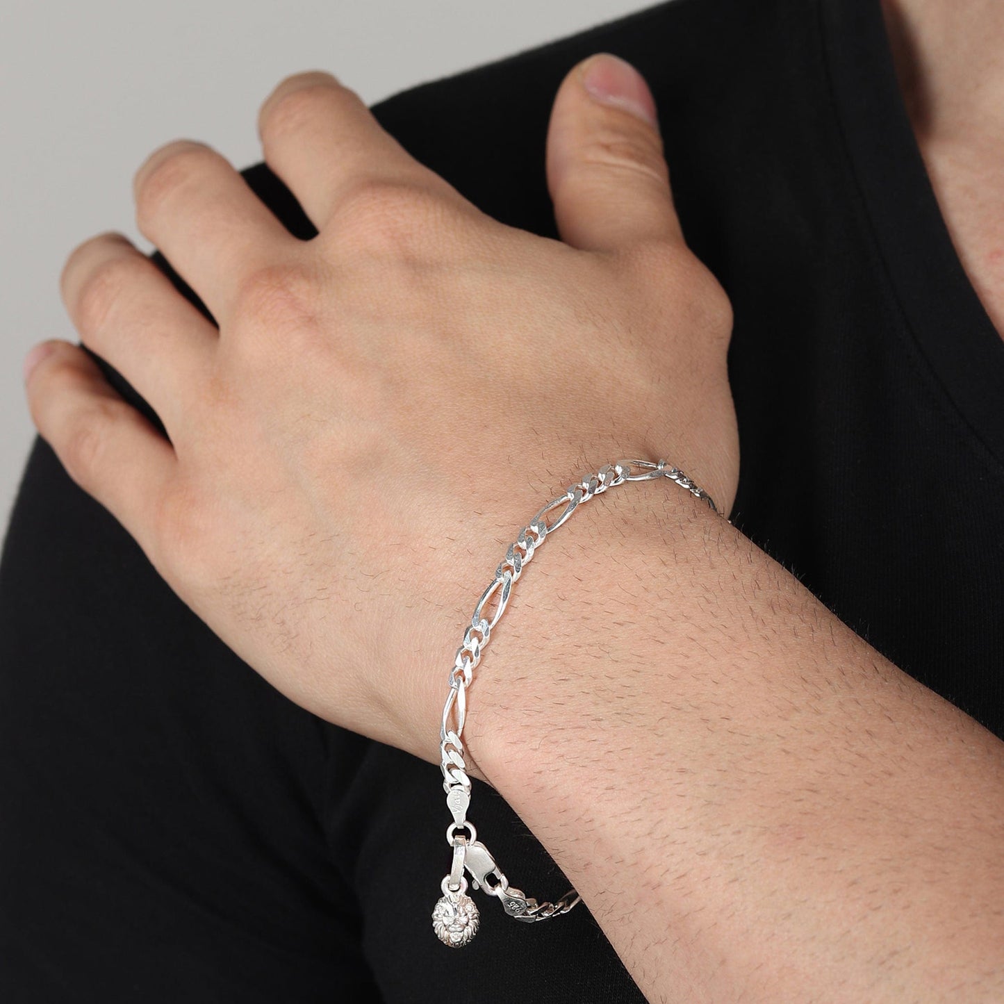 Akshat Sapphire 92.5% pure Sterling Silver Figaro Designer Bracelet with Charm Narsimha for Men