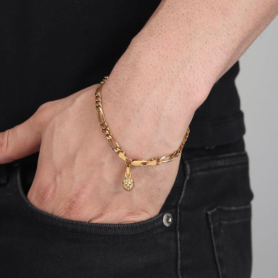 22CT Gold Plated 92.5 Pure Sterling Silver Figaro Bracelet with Narsimha Laxmi Charm for Men by Akshat Sapphire Gold_BRMFKD7331