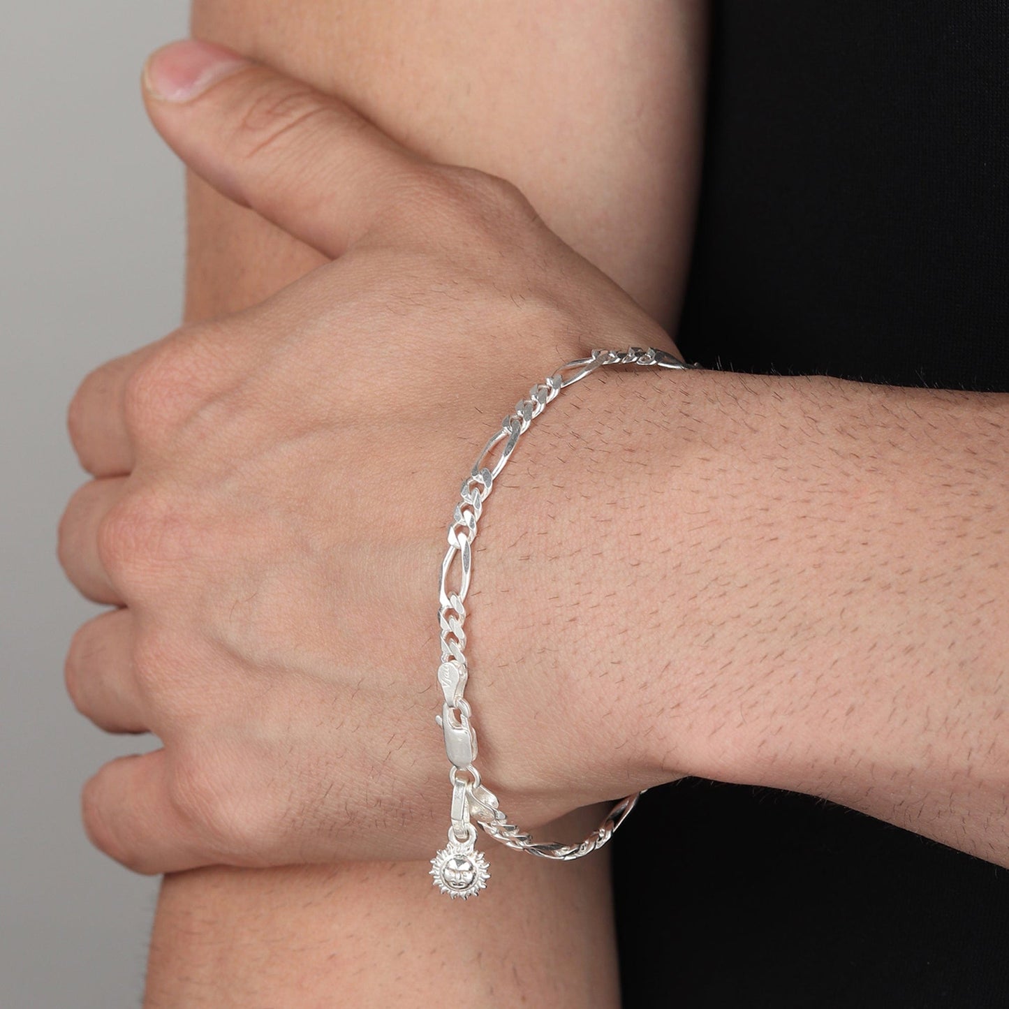 Akshat Sapphire 92.5% pure Sterling Silver Figaro Designer Bracelet with Charm Surya for Men & Boys