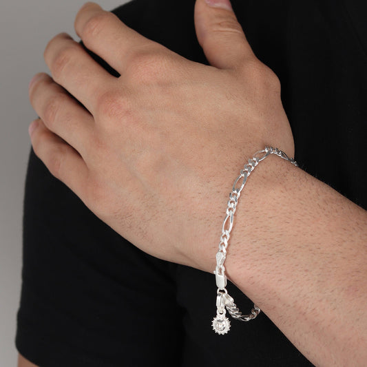 Sterling Silver figaro bracelet with surya charm for men by akshat sapphire 92.5 silver brmfkd7334
