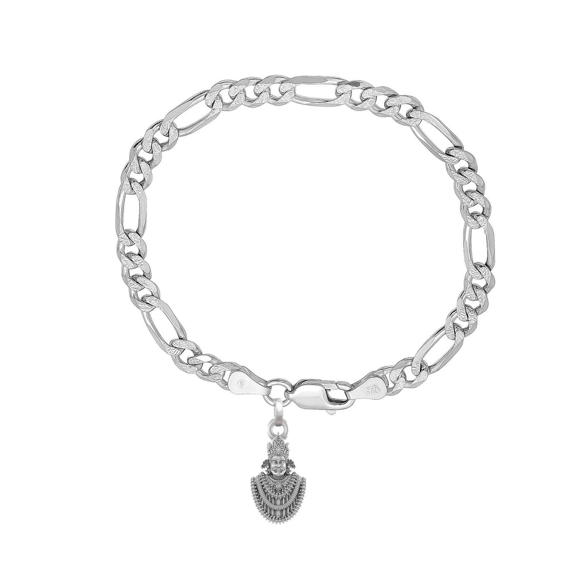 Akshat Sapphire 92.5% pure Sterling Silver Figaro Designer Bracelet with Charm Khatu Shyam for Men