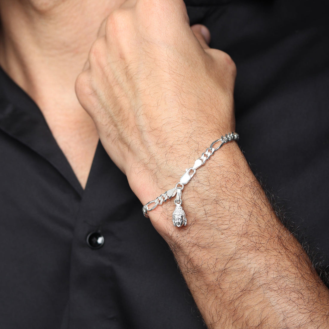 Sterling Silver figaro bracelet with buddha charm for men by akshat sapphire 92.5 silver brmfkd7349