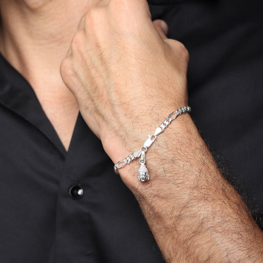 Sterling Silver figaro bracelet with buddha charm for men by akshat sapphire 92.5 silver brmfkd7349