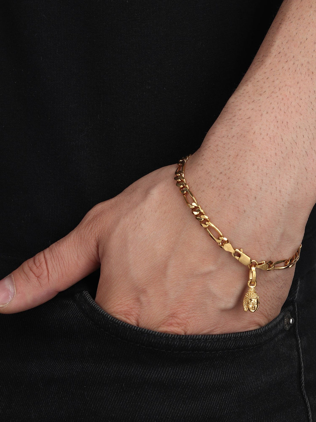 22CT Gold Plated 92.5 Pure Sterling Silver Figaro Bracelet with Buddha Charm for Men by Akshat Sapphire Gold_BRMFKD7349
