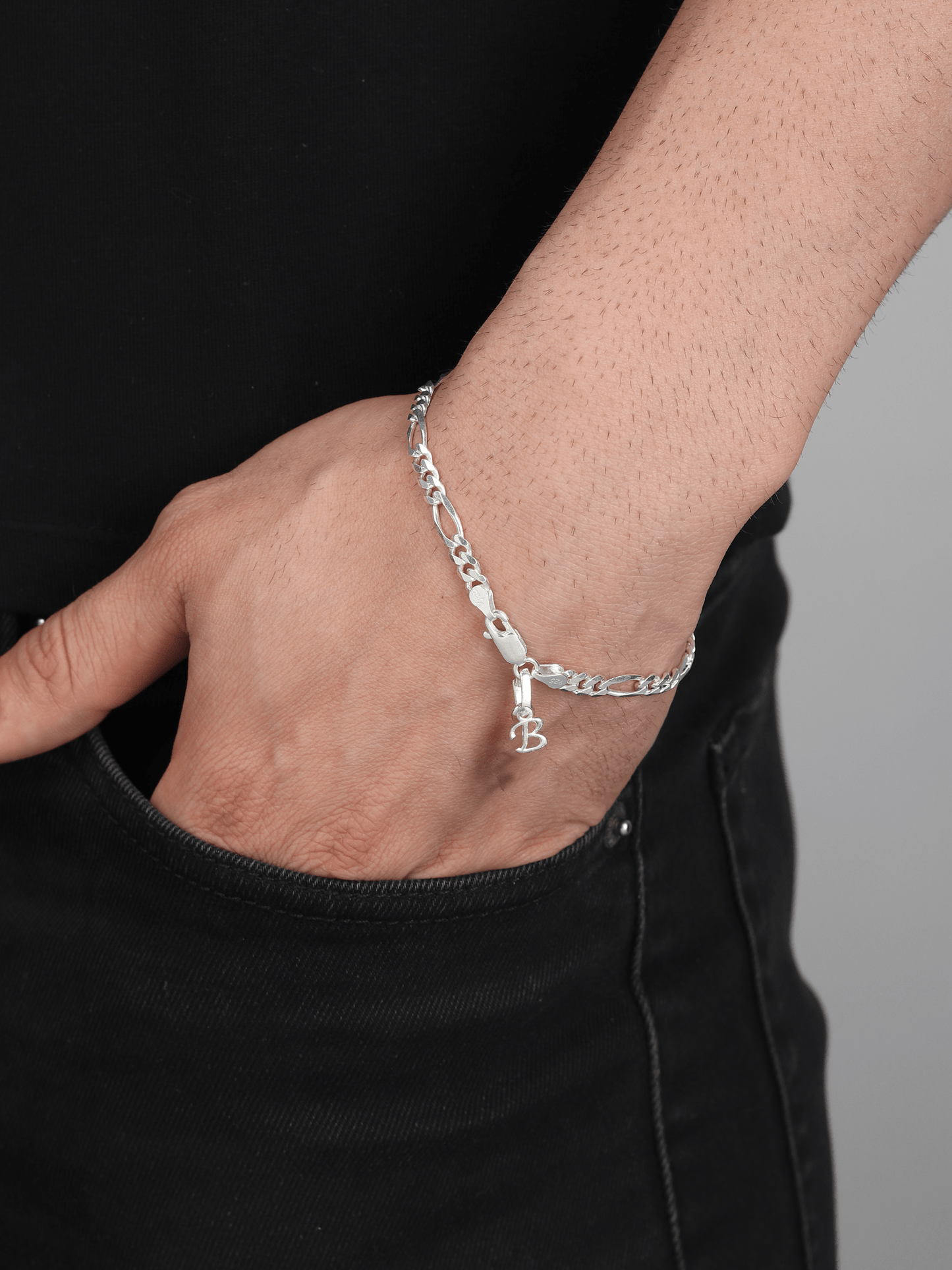 Akshat Sapphire 92.5% pure Sterling Silver Figaro Designer Bracelet with B Alphabet for Men