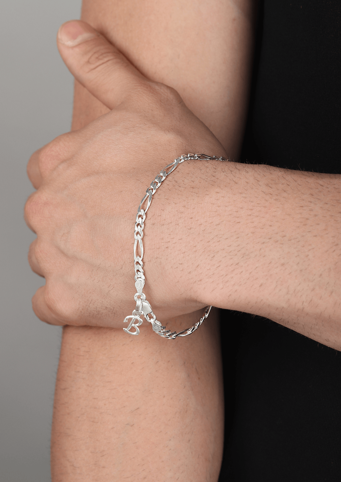 Sterling Silver 92.5% Pure Figaro Bracelet with B Alphabet for Men by Akshat Sapphire BRMFKD_B