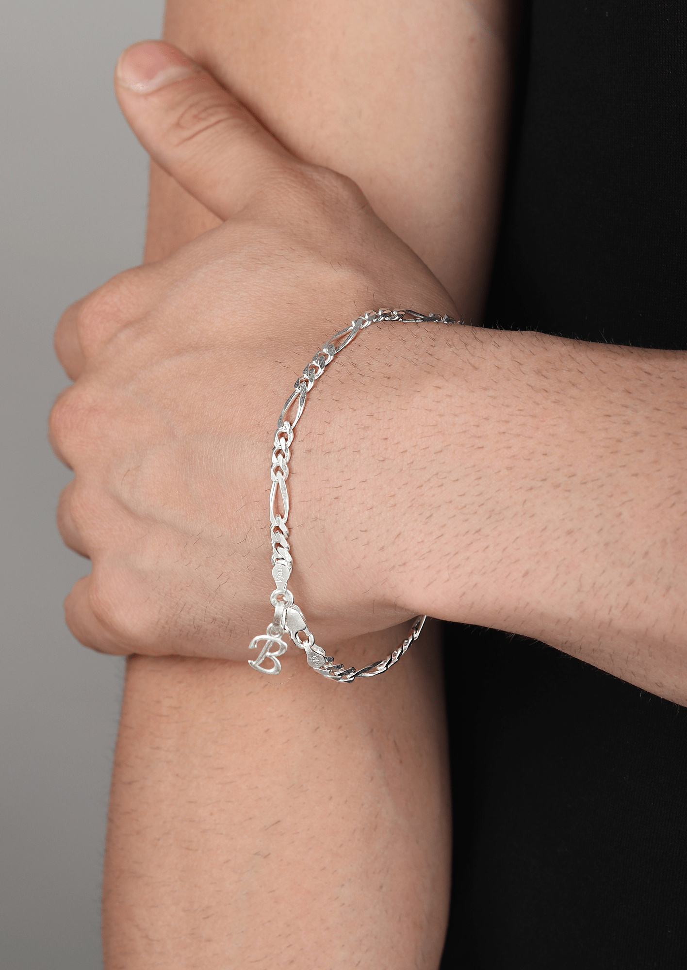 Akshat Sapphire 92.5% pure Sterling Silver Figaro Designer Bracelet with B Alphabet for Men