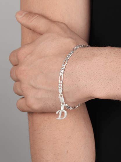 Akshat Sapphire 92.5% pure Sterling Silver Figaro Designer Bracelet with D Alphabet for Men