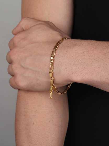 Akshat Sapphire 22KT gold plated 92.5% pure Sterling Silver Figaro Designer Bracelet with I Alphabet for Men