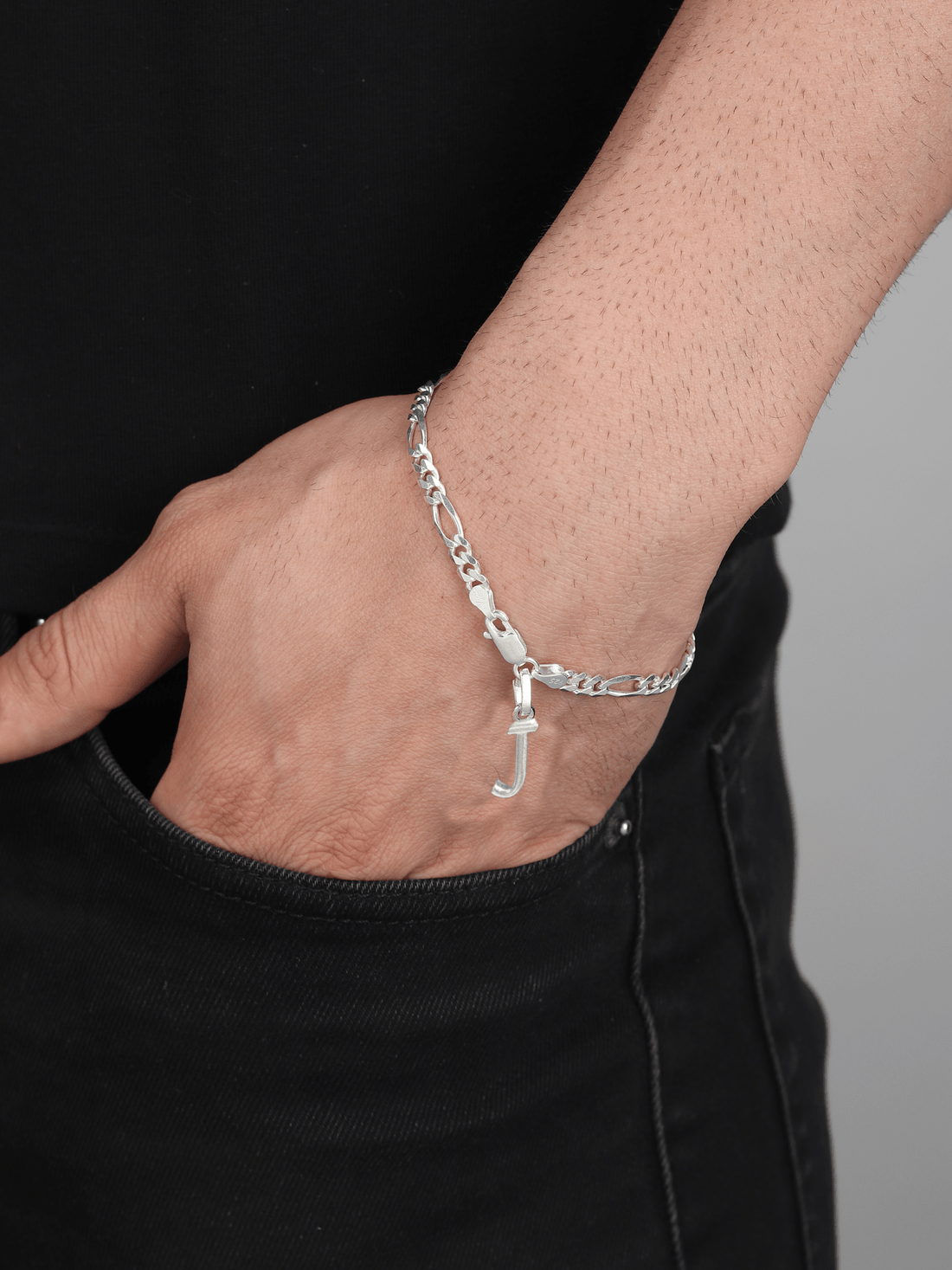 Sterling Silver 92.5% Pure Figaro Bracelet with J Alphabet for Men by Akshat Sapphire BRMFKD_J