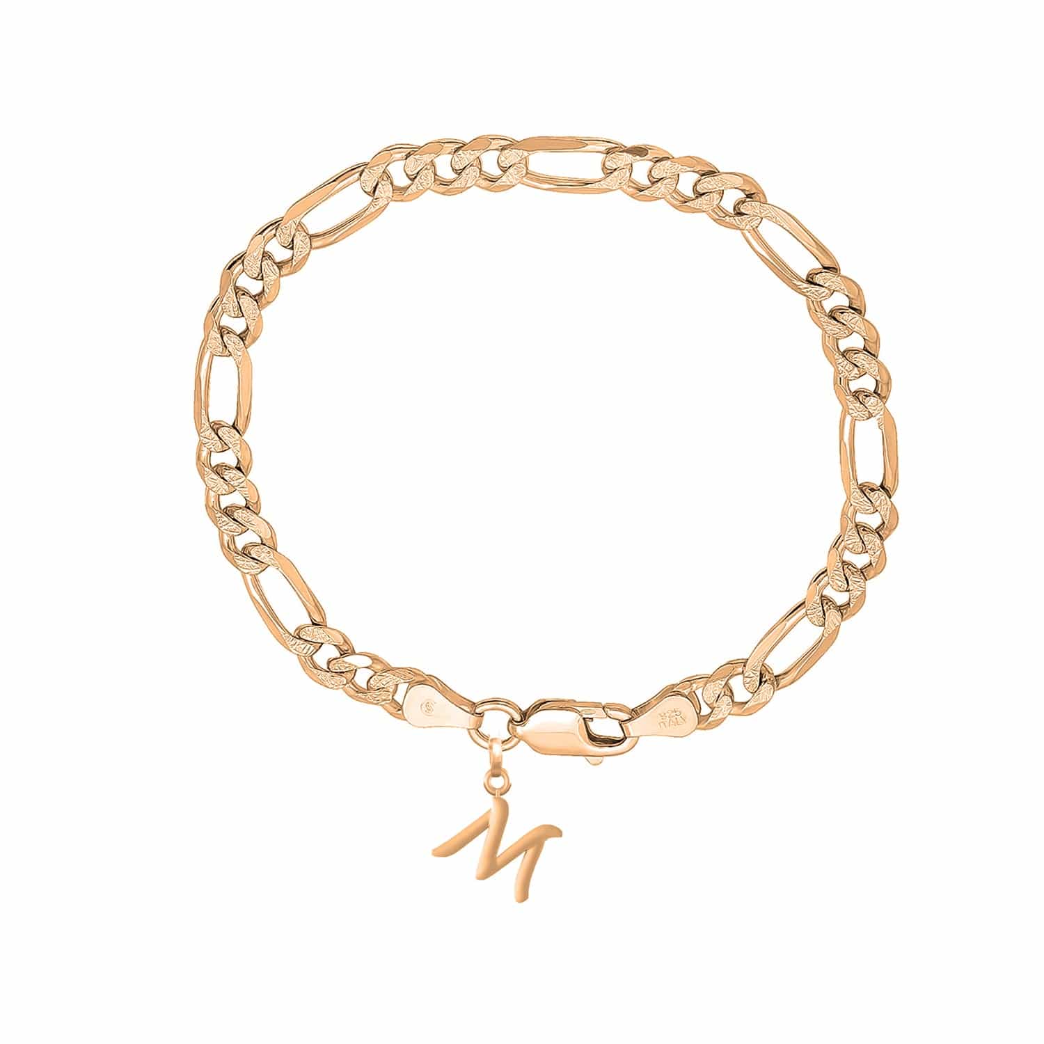 Akshat Sapphire 22KT gold plated 92.5% pure Sterling Silver Figaro Designer Bracelet with M Alphabet for Men