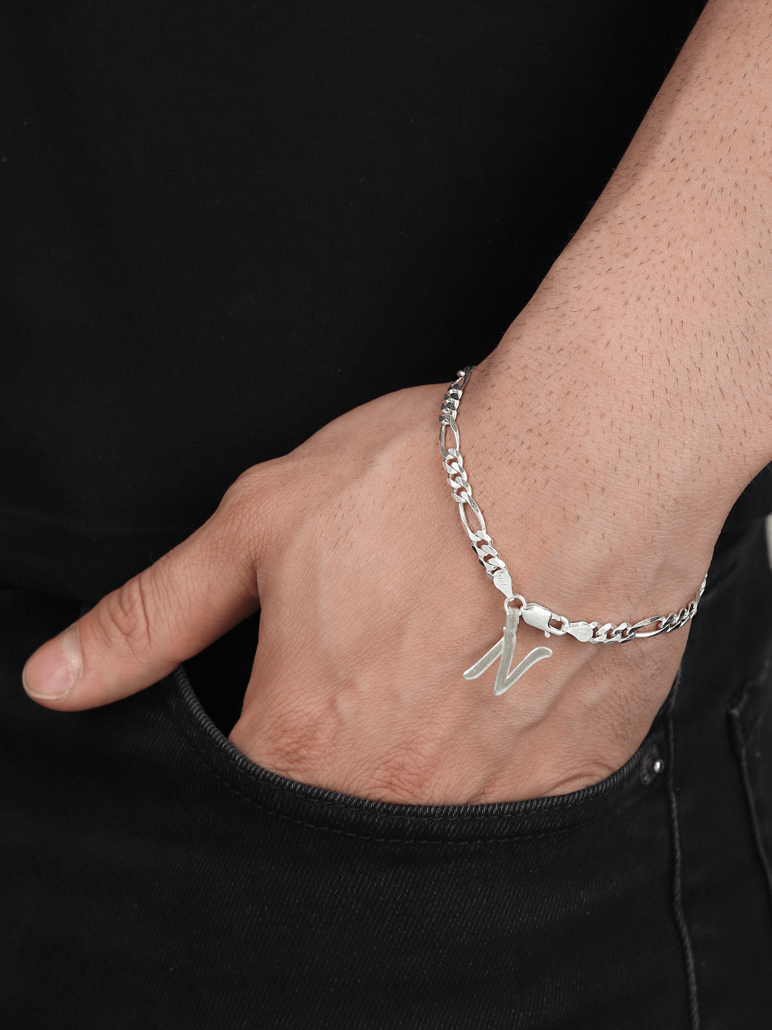 Sterling Silver 92.5% Pure Figaro Bracelet with N Alphabet for Men by Akshat Sapphire BRMFKD_N