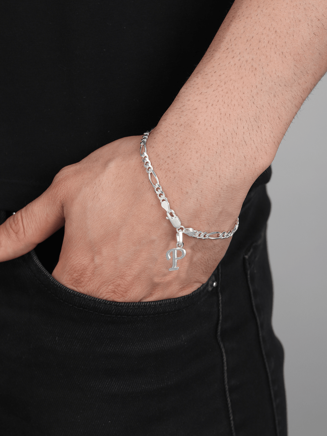 Sterling Silver 92.5% Pure Figaro Bracelet with P Alphabet for Men by Akshat Sapphire BRMFKD_P