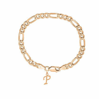 Akshat Sapphire 22KT gold plated 92.5% pure Sterling Silver Figaro Designer Bracelet with P Alphabet for Men