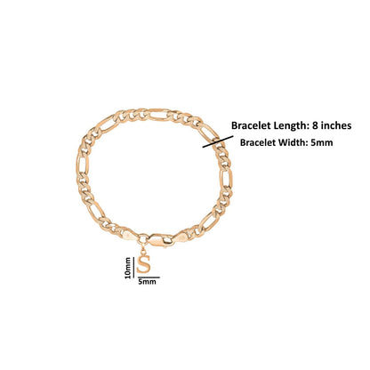 22KT gold plated 92.5% pure Sterling Silver Figaro Designer Bracelet with S Alphabet for Men