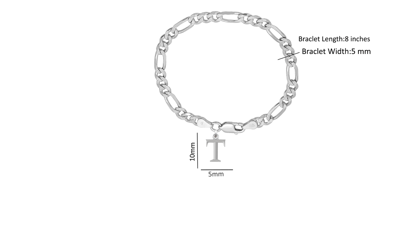 Akshat Sapphire 92.5% pure Sterling Silver Figaro Designer Bracelet with T Alphabet for Men