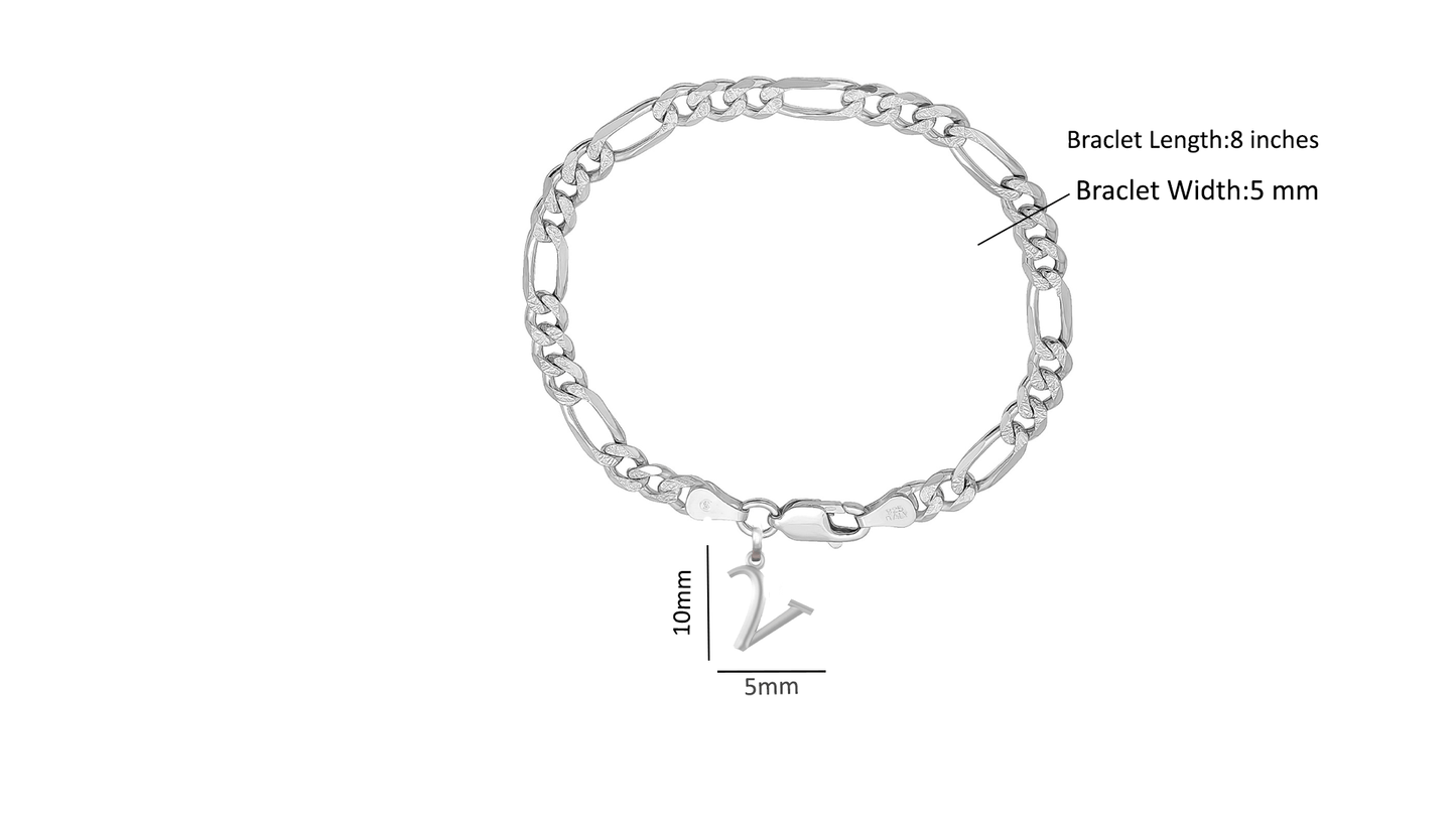 Akshat Sapphire 92.5% pure Sterling Silver Figaro Designer Bracelet with V Alphabet for Men