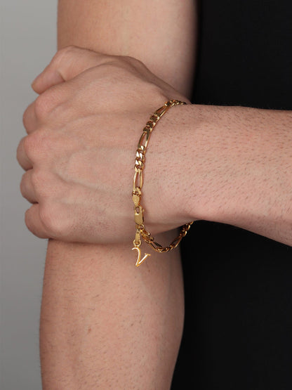 Akshat Sapphire 22KT gold plated 92.5% pure Sterling Silver Figaro Designer Bracelet with V Alphabet for Men