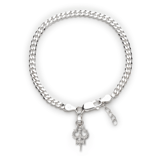 Akshat Sapphire 92.5% pure Sterling Silver Curb Designer Bracelet with spiritual Trishul for girls and women