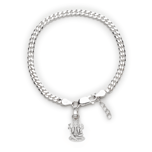 Akshat Sapphire 92.5% pure Sterling Silver Curb Designer Bracelet with Charm Ganesh for Girls and Women