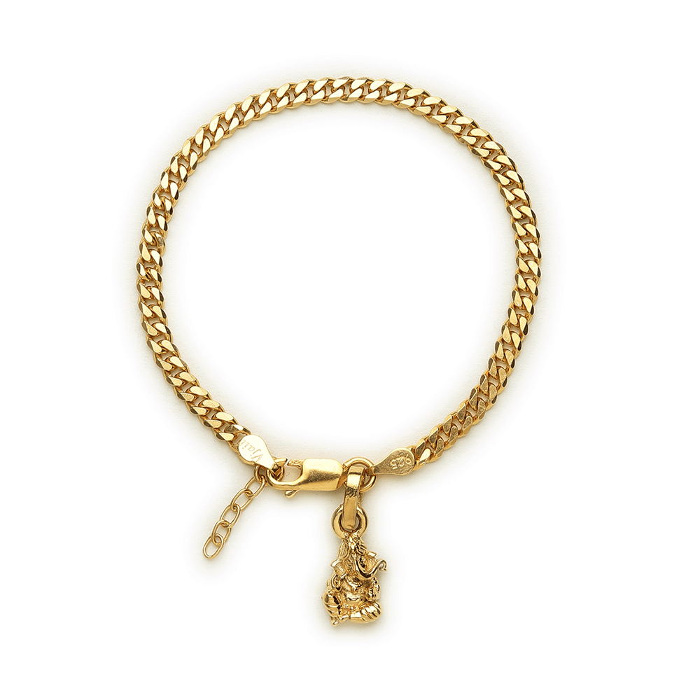 Akshat Sapphire 22KT gold plated  92.5% pure Sterling Silver Curb Designer Bracelet with Charm Ganesh for Girls and Women