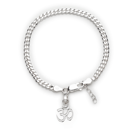Akshat Sapphire 92.5% pure Sterling Silver Curb Designer Bracelet with spiritual OM for Girls and Women