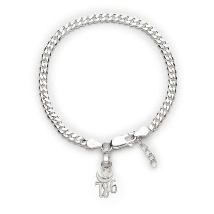 Akshat Sapphire 92.5% pure Sterling Silver Curb Designer Bracelet with religious 786 charm for Girls and Women