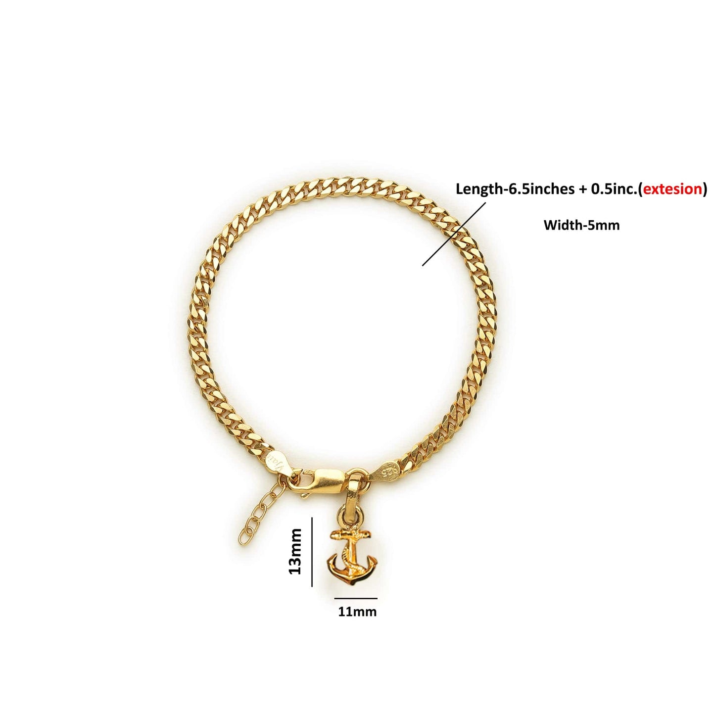 Akshat Sapphire 22KT gold plated  92.5% pure Sterling Silver Curb Designer Bracelet with Ship Anchor for Girls and Women
