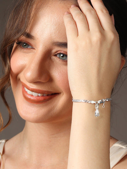 Akshat Sapphire 92.5% pure Sterling Silver Curb Designer Bracelet with Charm Buddha for Girls and Women