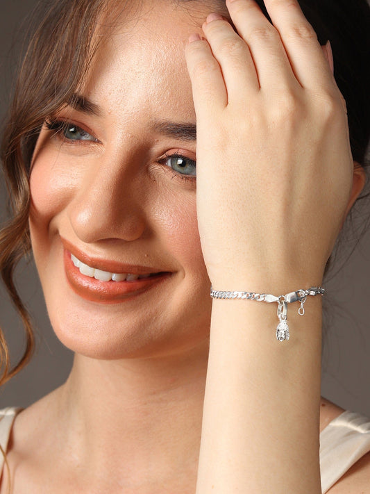 Akshat Sapphire 92.5% pure Sterling Silver Curb Designer Bracelet with Charm Buddha for Girls and Women