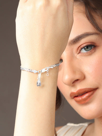 Akshat Sapphire 92.5% pure Sterling Silver Curb Designer Bracelet with Charm Buddha for Girls and Women