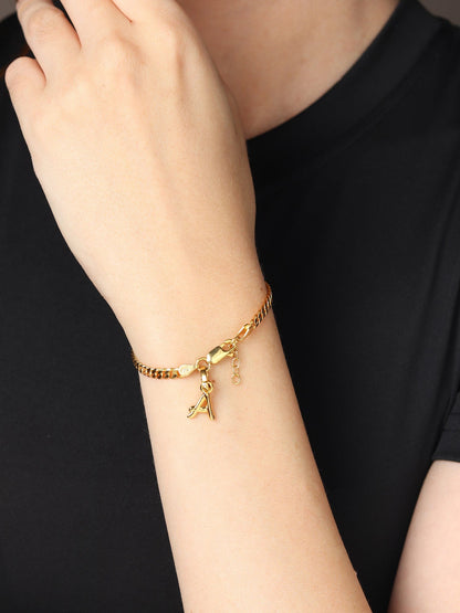 Akshat Sapphire 22KT gold plated 92.5% pure Sterling Silver Curb Designer Bracelet with A Alphabet for Girls and Women