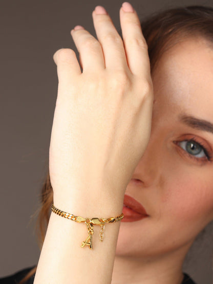 Akshat Sapphire 22KT gold plated 92.5% pure Sterling Silver Curb Designer Bracelet with A Alphabet for Girls and Women