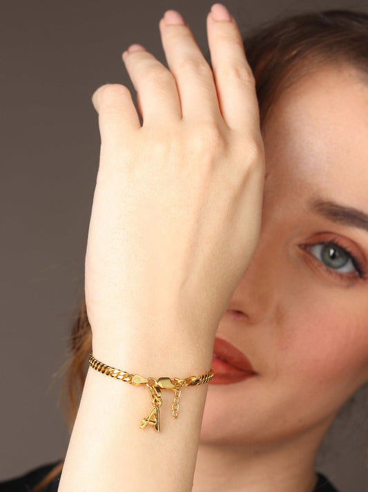 Akshat Sapphire 22KT gold plated 92.5% pure Sterling Silver Curb Designer Bracelet with A Alphabet for Girls and Women