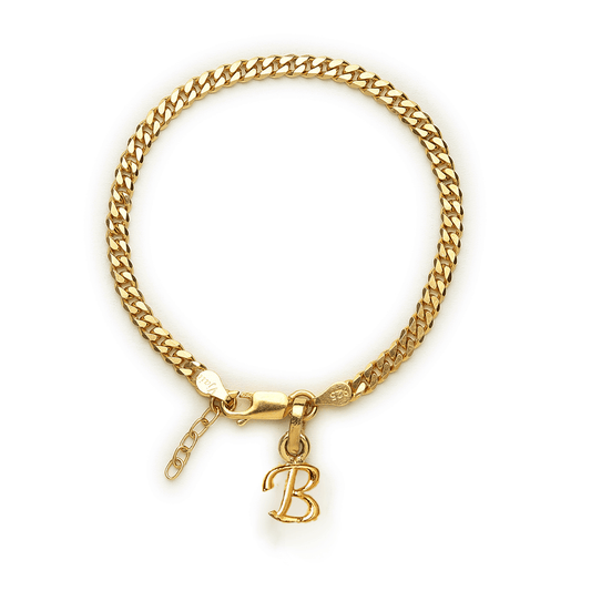 Akshat Sapphire 22KT gold plated 92.5% pure Sterling Silver Curb Designer Bracelet with B Alphabet for Girls and Women